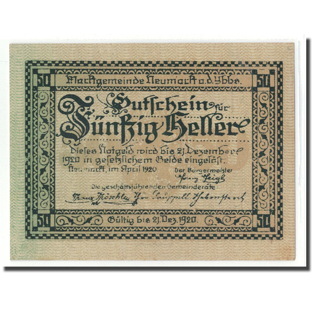 Billet, Autriche, Neumarkt an der Ybbs N.Ö. Marktgemeinde, 50 Heller, Village