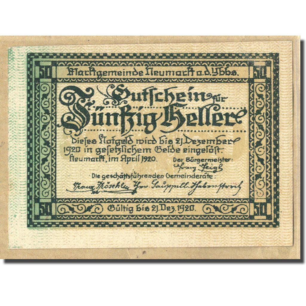 Billet, Autriche, Neumarkt an der Ybbs N.Ö. Marktgemeinde, 50 Heller, Village