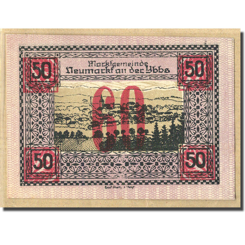Billet, Autriche, Neumarkt an der Ybbs N.Ö. Marktgemeinde, 50 Heller, Village