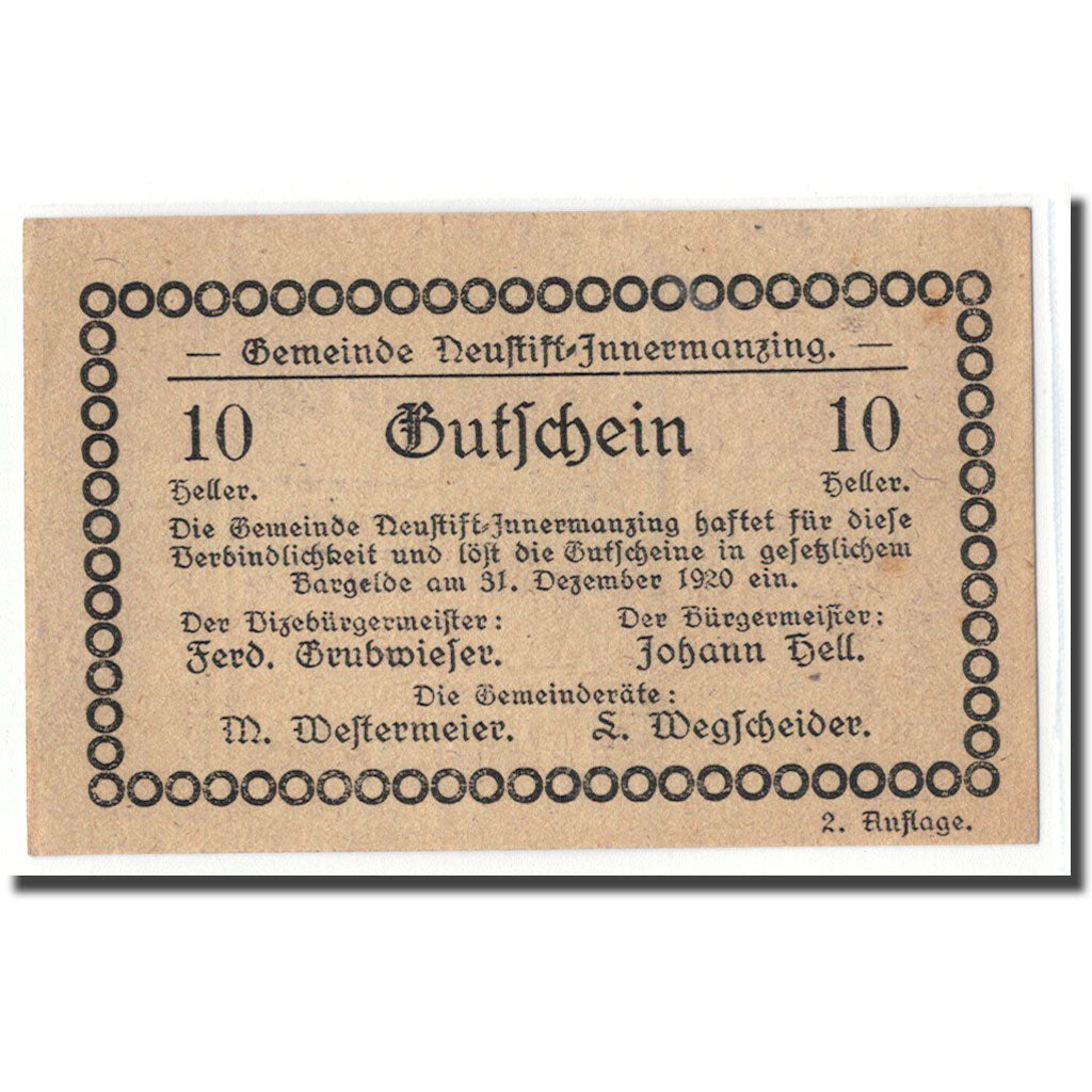 Biljet, Oostenrijk, Neustift-Innermanzing N.Ö. Gemeinde, 10 Heller, N.D, 1920