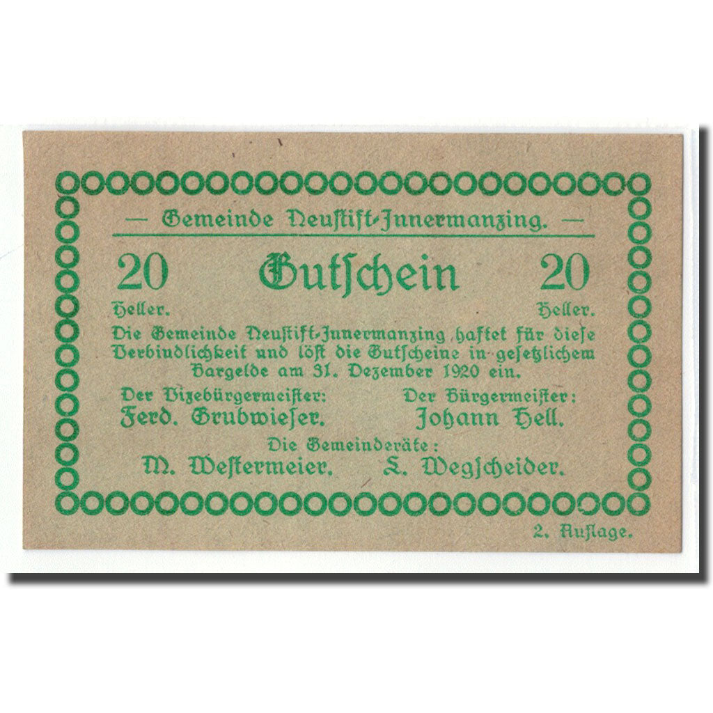 Banknote, Austria, Neustift-Innermanzing N.Ö. Gemeinde, 20 Heller, N.D, 1920