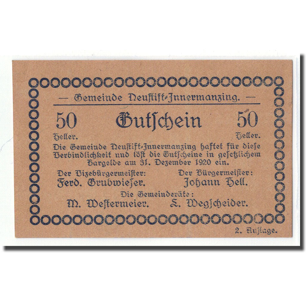 Billet, Autriche, Neustift-Innermanzing N.Ö. Gemeinde, 50 Heller, N.D, 1920