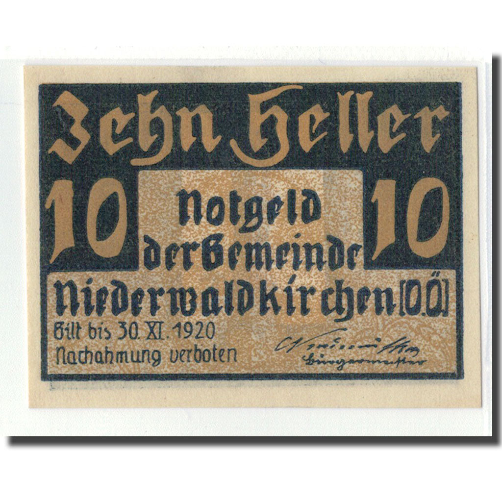 Banknote, Austria, Niederwaldkirchen O.Ö. Gemeinde, 10 Heller, Batiment, 1920