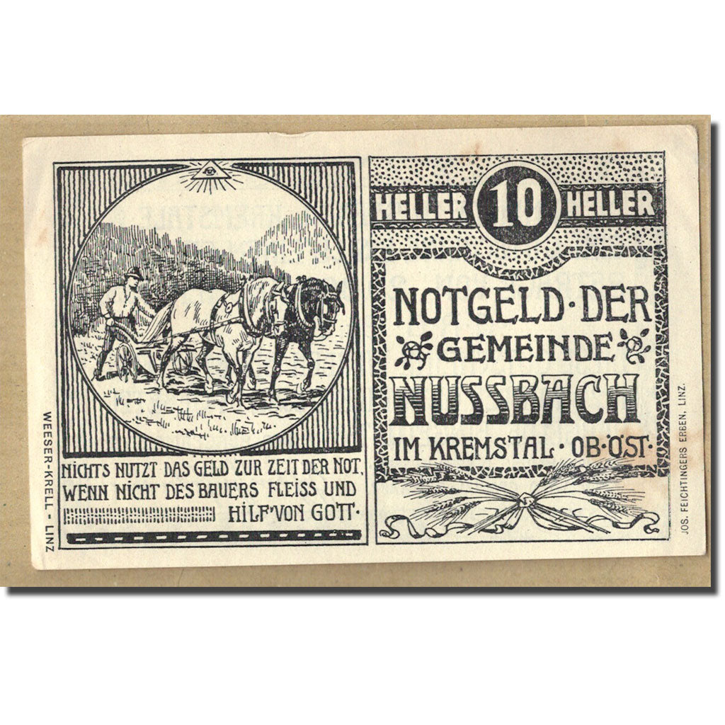 Billet, Autriche, Nussbach im Kremstal O.Ö. Gemeinde, 10 Heller, Texte, 1920