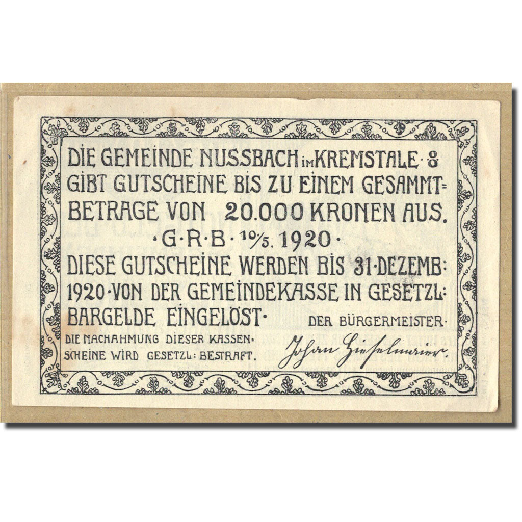 Billet, Autriche, Nussbach im Kremstal O.Ö. Gemeinde, 10 Heller, Texte, 1920