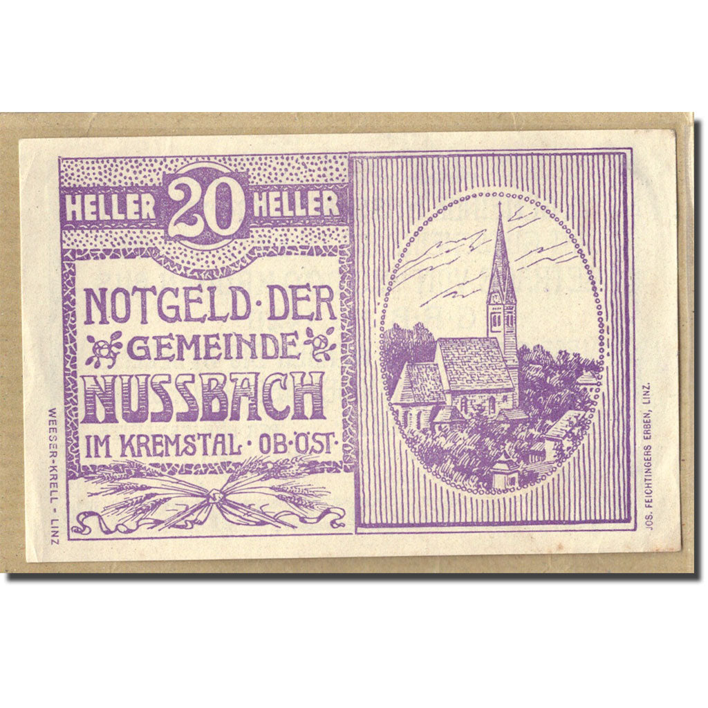 Billet, Autriche, Nussbach im Kremstal O.Ö. Gemeinde, 20 Heller, texte 1, 1920