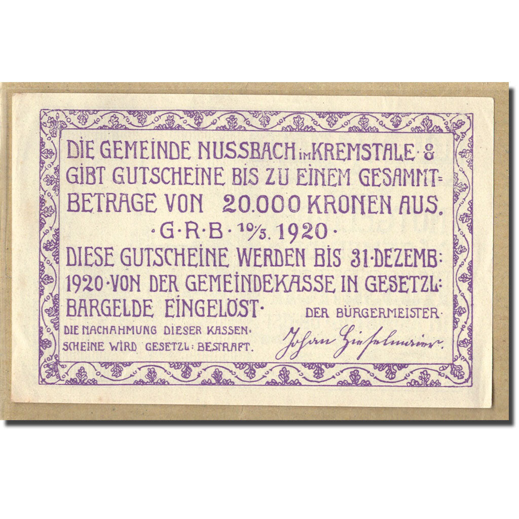 Billet, Autriche, Nussbach im Kremstal O.Ö. Gemeinde, 20 Heller, texte 1, 1920