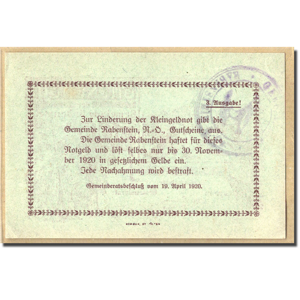 Billet, Autriche, Rabenstein, 50 Heller, Texte, 1920, 1920-04-19, SPL