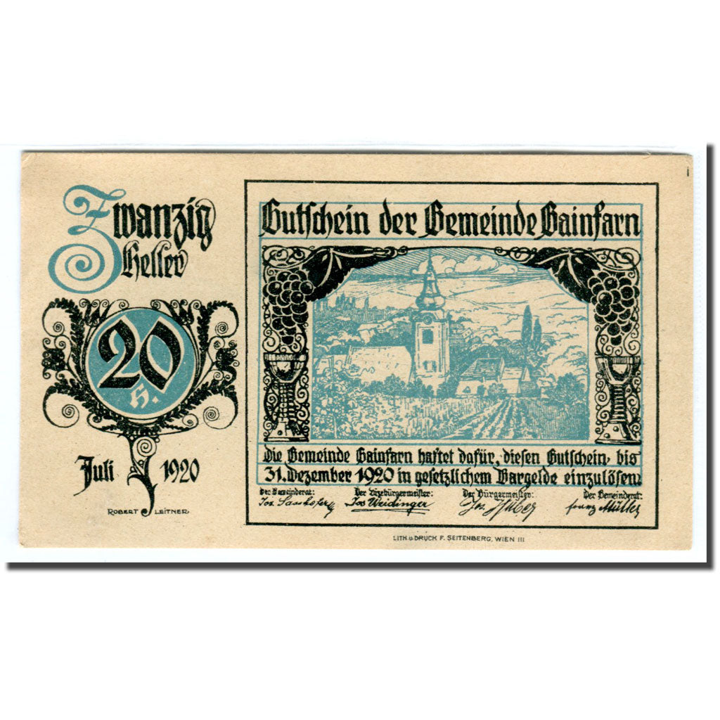 Banknote, Austria, Gainfarn, 20 Heller, Blason 1, 1920, 1920-05-26, UNC(63)