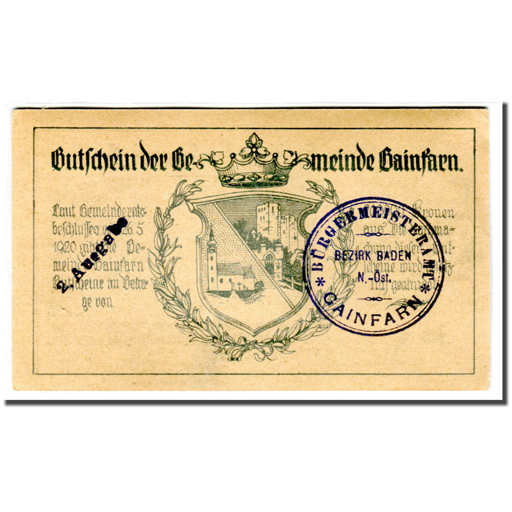 Banknote, Austria, Gainfarn, 20 Heller, Blason 1, 1920, 1920-05-26, UNC(63)