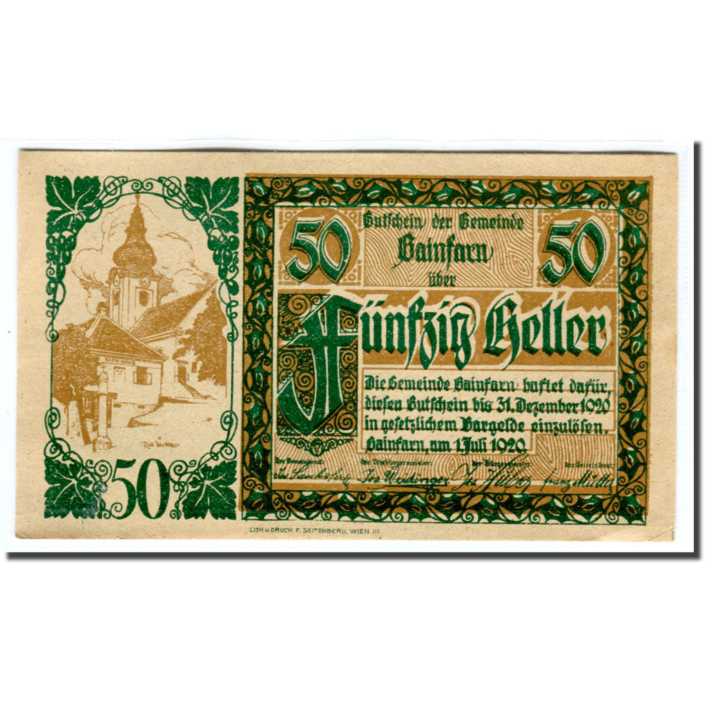 Billet, Autriche, Gainfarn, 50 Heller, Blason 2, 1920, 1920-05-26, SPL