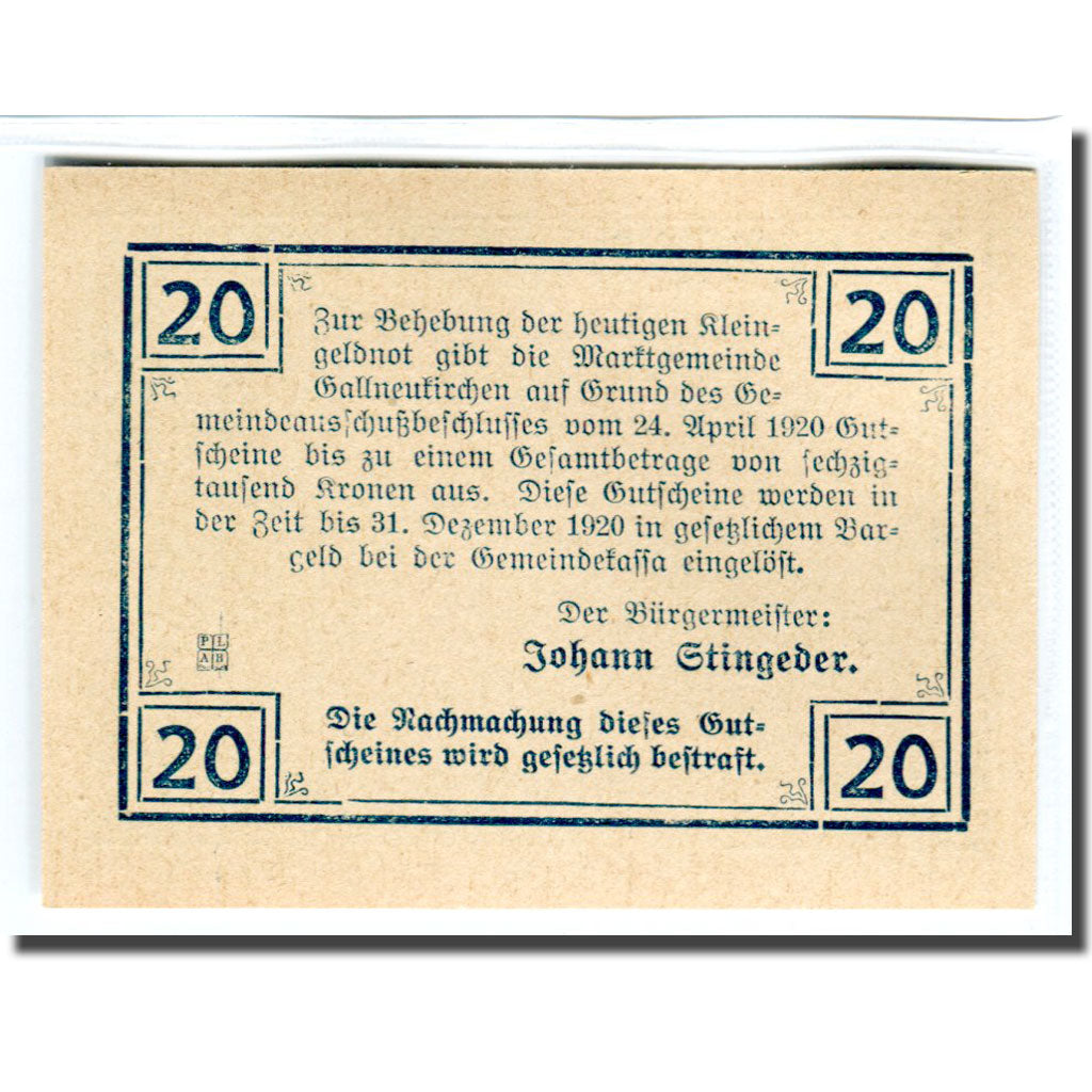 Banconote, Austria, Gallneukirchen, 20 Heller, paysage 1, 1920, 1920-04-24, SPL