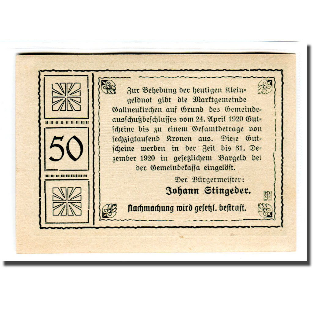 Banknote, Austria, Gallneukirchen, 50 Heller, personnage, 1920, 1920-04-24