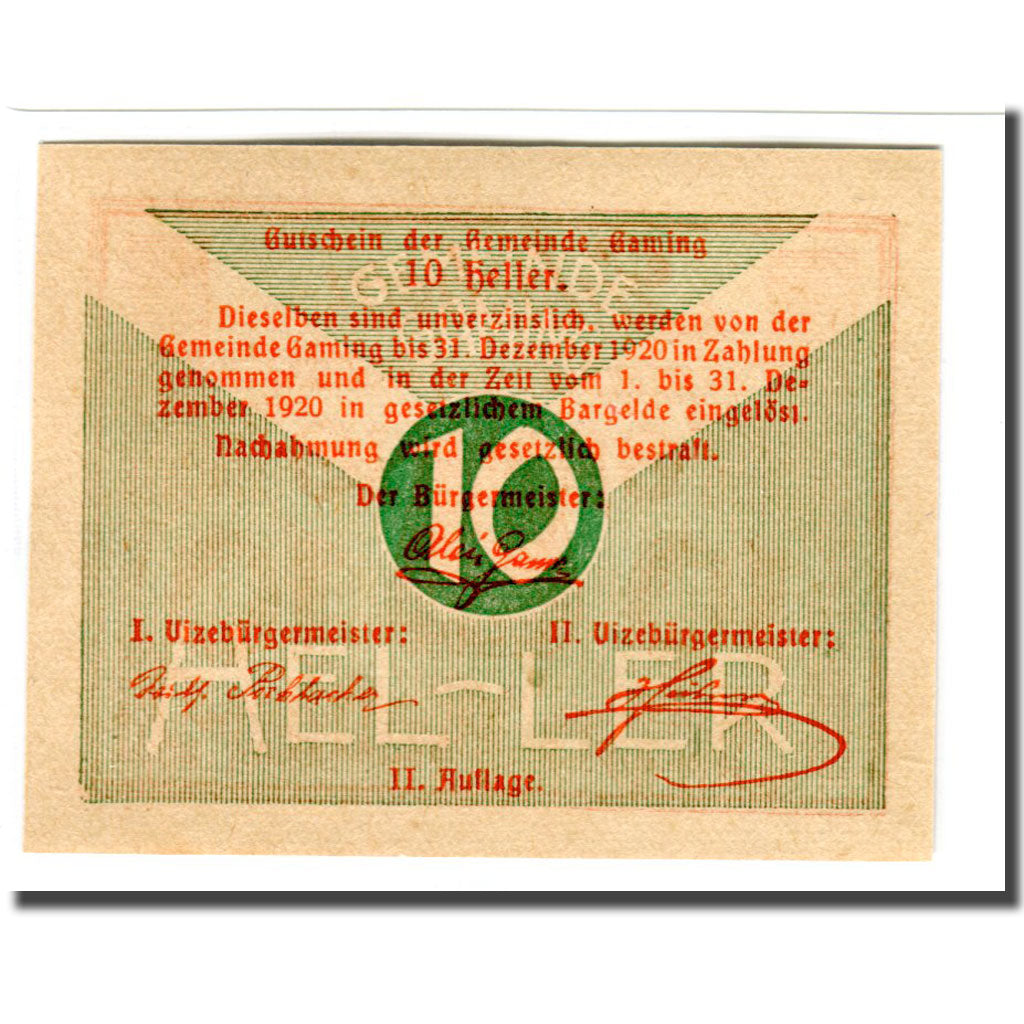 Billet, Autriche, Gaming, 10 Heller, Texte 3, 1920, SPL, Mehl:220b