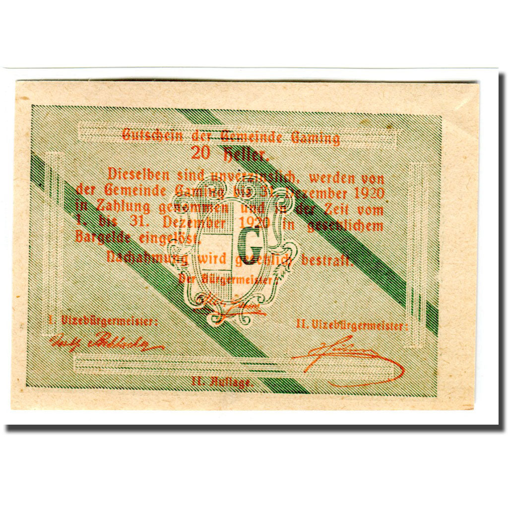 Billet, Autriche, Gaming, 20 Heller, Texte 4, 1920, SPL, Mehl:220b