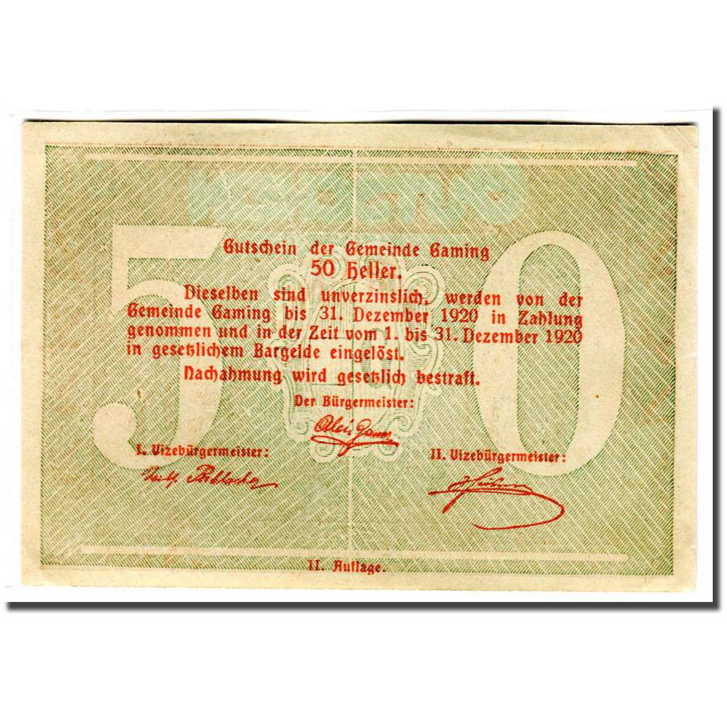 Banknot, Austria, Gaming, 50 Heller, Texte  5, 1920, Undated, UNC(63), Mehl:220b