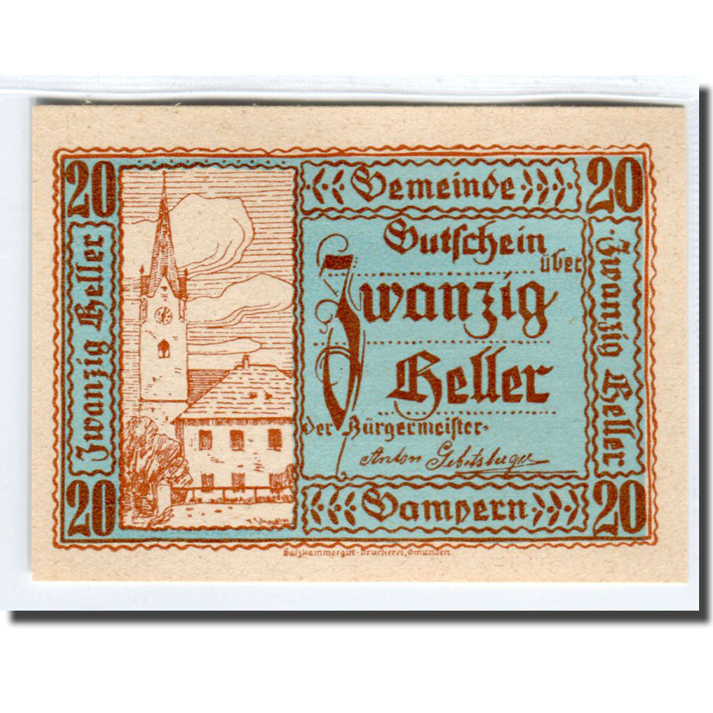 Banknot, Austria, Gampern, 20 Heller, Texte, 1920, 1920-05-12, UNC(63), Mehl:221