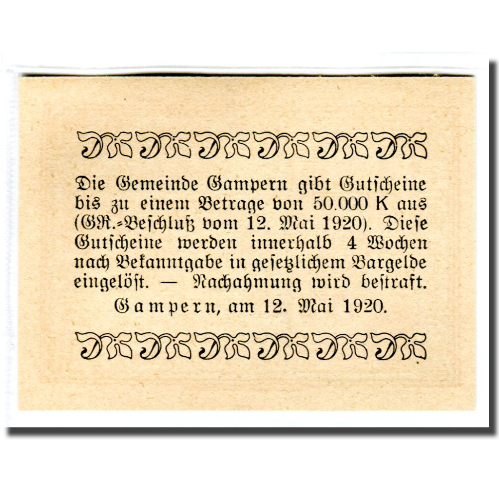 Banknot, Austria, Gampern, 20 Heller, Texte, 1920, 1920-05-12, UNC(63), Mehl:221