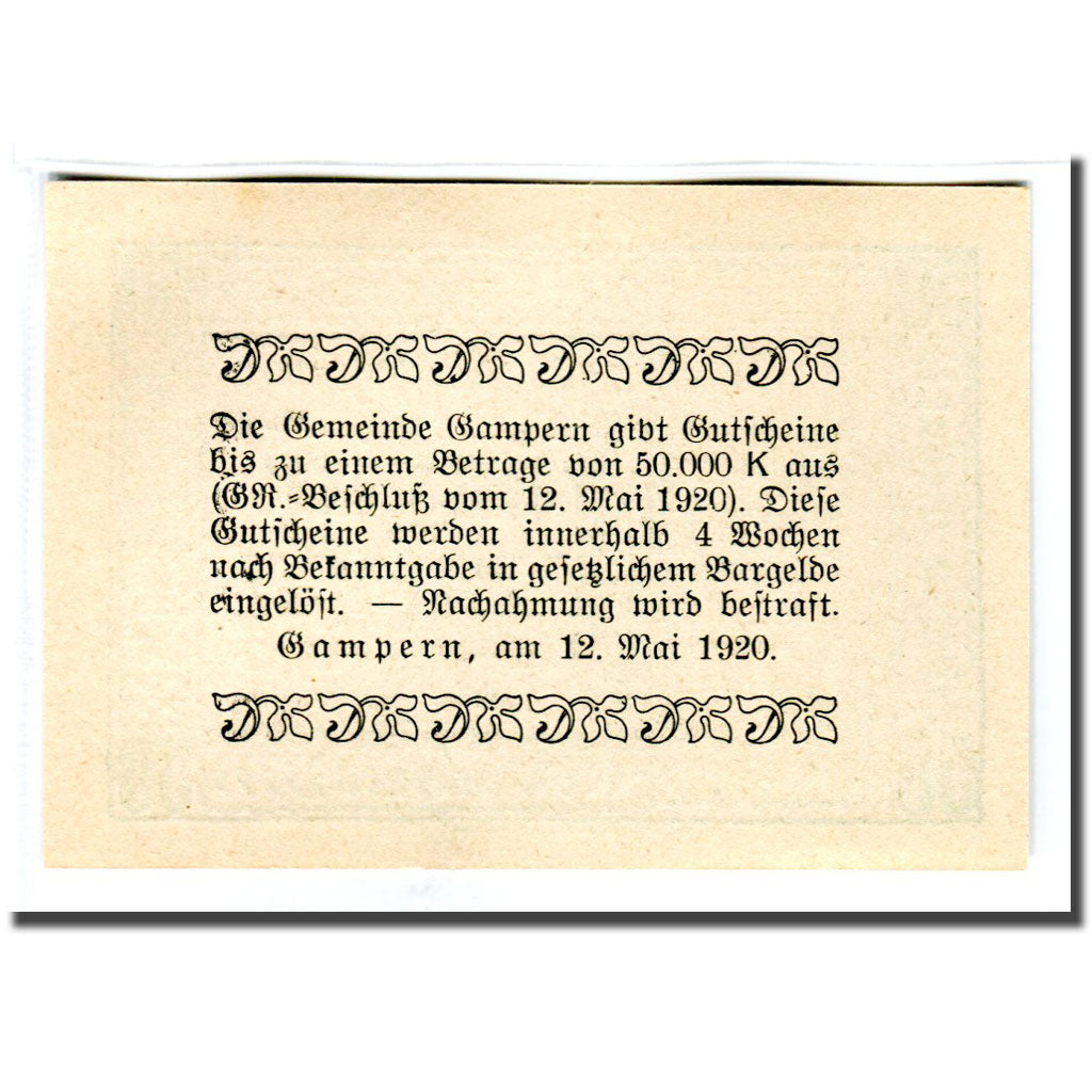 Banknote, Austria, Gampern, 50 Heller, texte 1, 1920, 1920-05-12, UNC(63)
