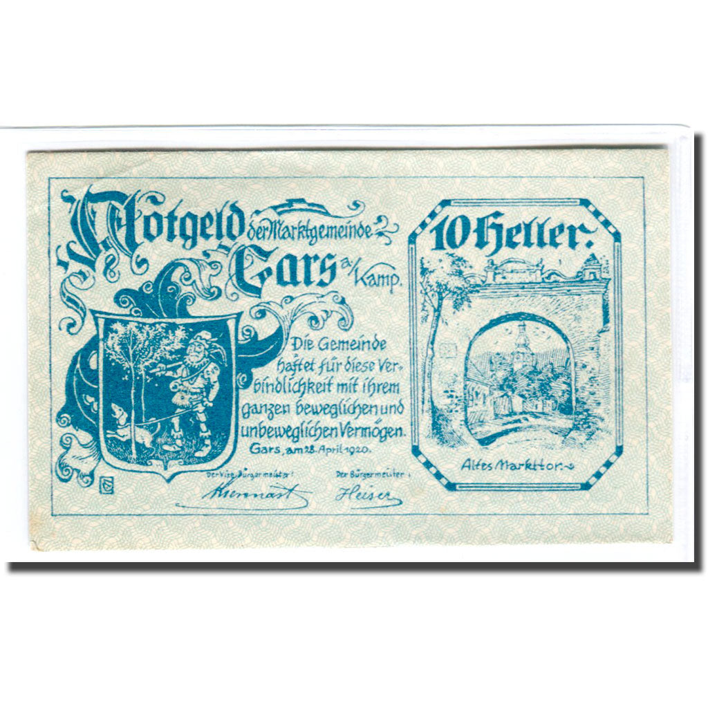 Billet, Autriche, Gars am Kamp, 10 Heller, Texte, 1920, 1920-04-28, SPL