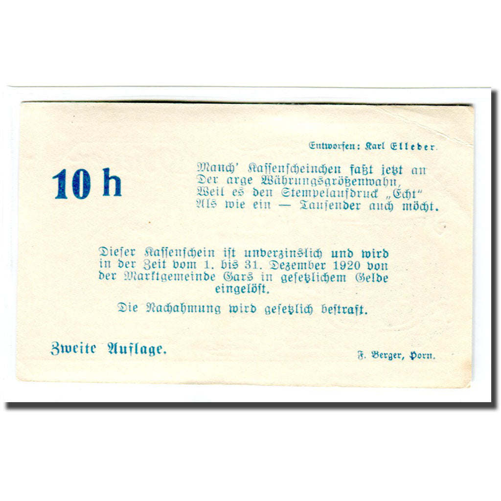 Billet, Autriche, Gars am Kamp, 10 Heller, Texte, 1920, 1920-04-28, SPL