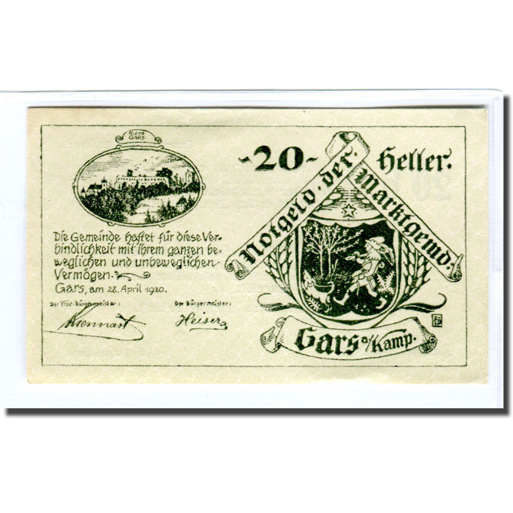 Billet, Autriche, Gars am Kamp, 20 Heller, texte 1, 1920, 1920-04-28, SPL