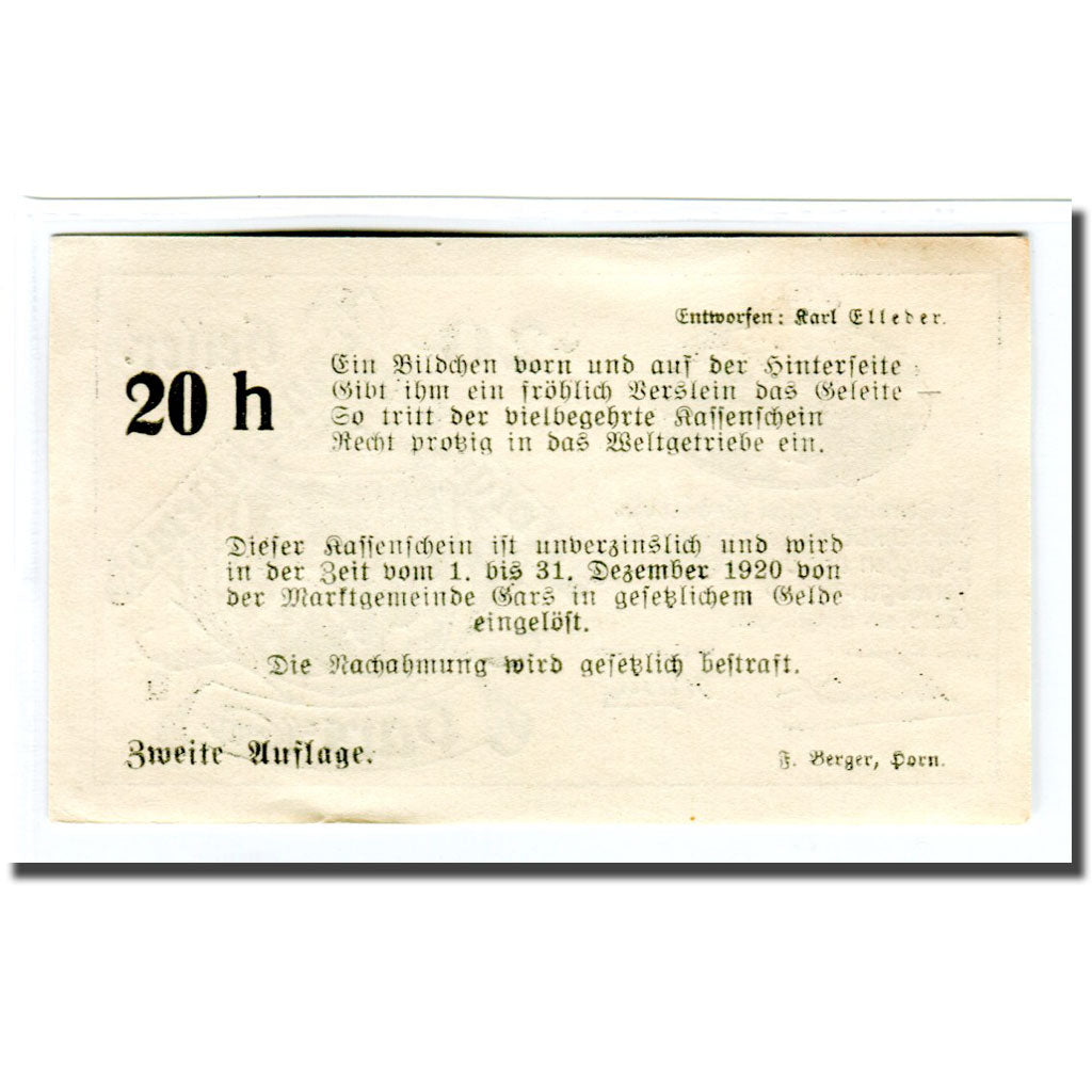Billet, Autriche, Gars am Kamp, 20 Heller, texte 1, 1920, 1920-04-28, SPL