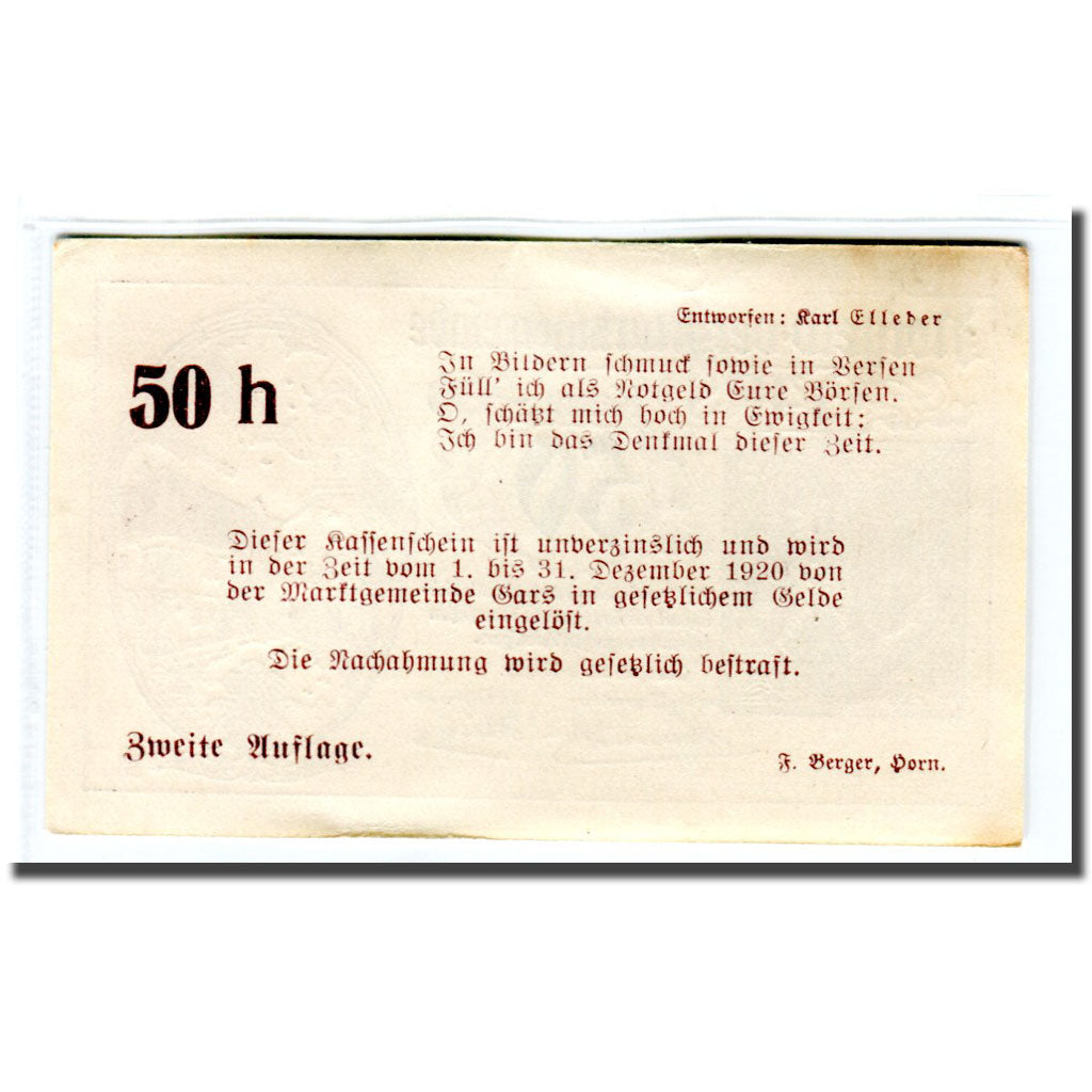Banknote, Austria, Gars am Kamp, 50 Heller, Texte 2, 1920, 1920-04-28, UNC(63)