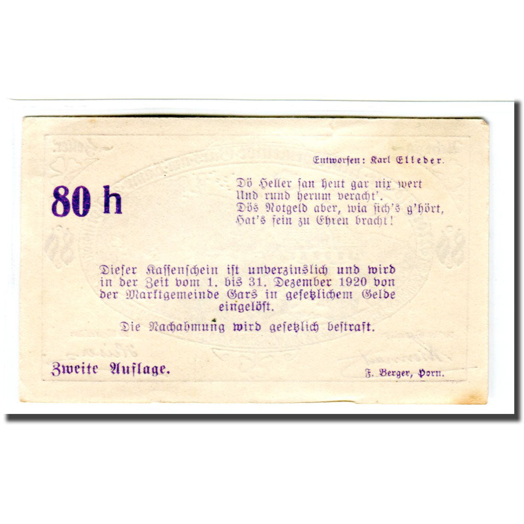 Banconote, Austria, Gars am Kamp, 80 Heller, Texte 3, 1920, 1920-04-28, SPL