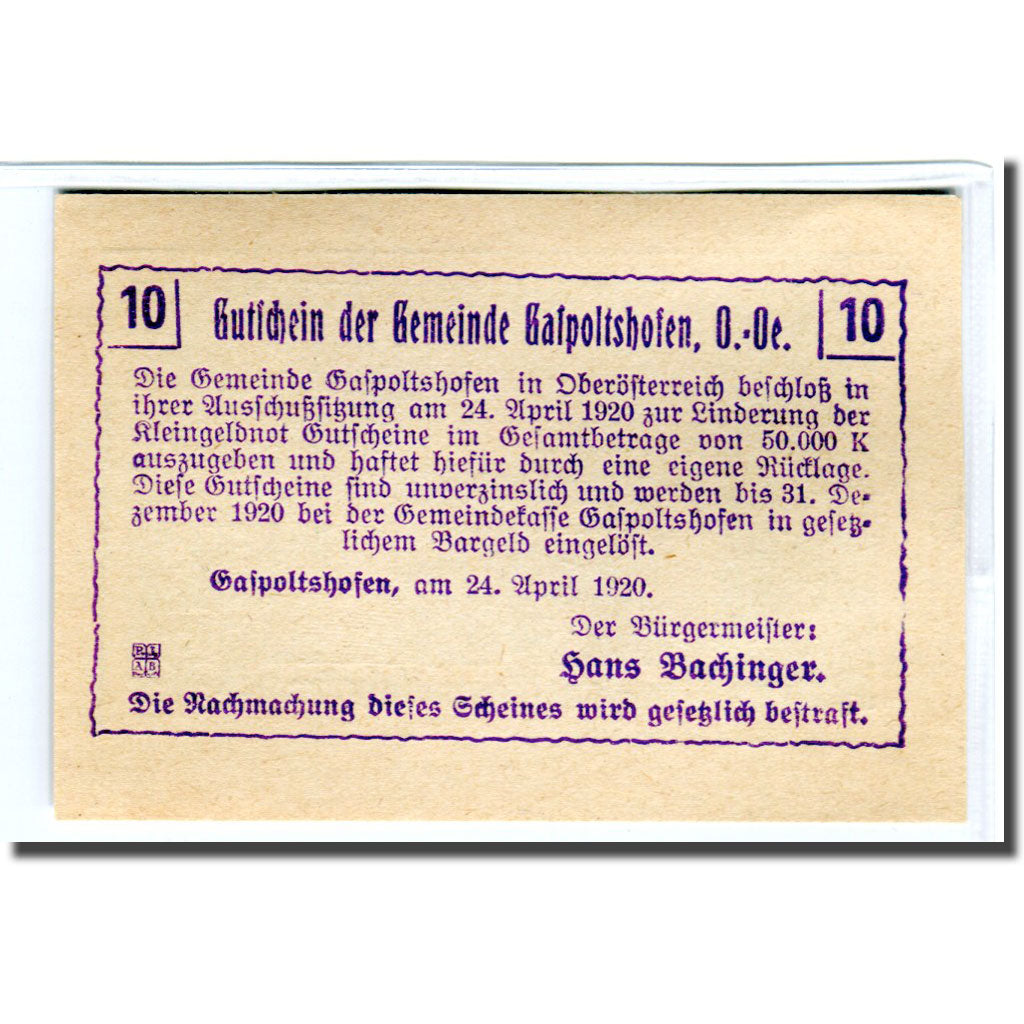 Billet, Autriche, Gaspoltshofen, 10 Heller, paysage, 1920, 1920-04-24, SPL