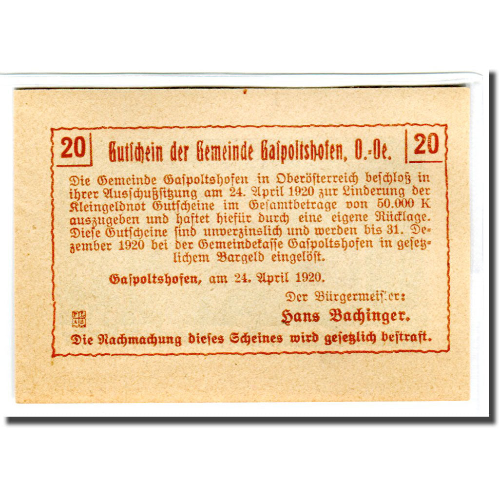 Billet, Autriche, Gaspoltshofen, 20 Heller, paysage 1, 1920, 1920-04-24, SPL