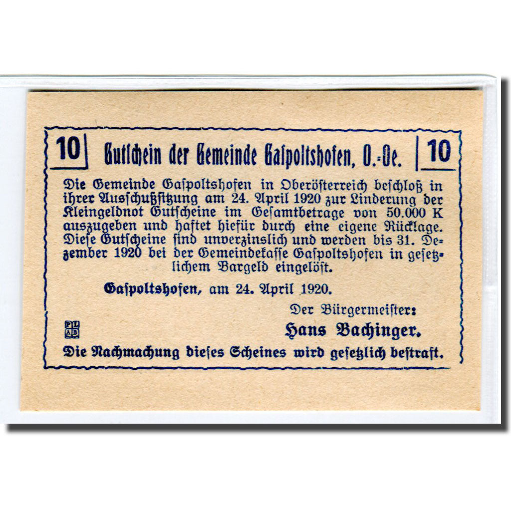Billet, Autriche, Gaspoltshofen, 10 Heller, paysage 2, 1920, 1920-04-24, SPL