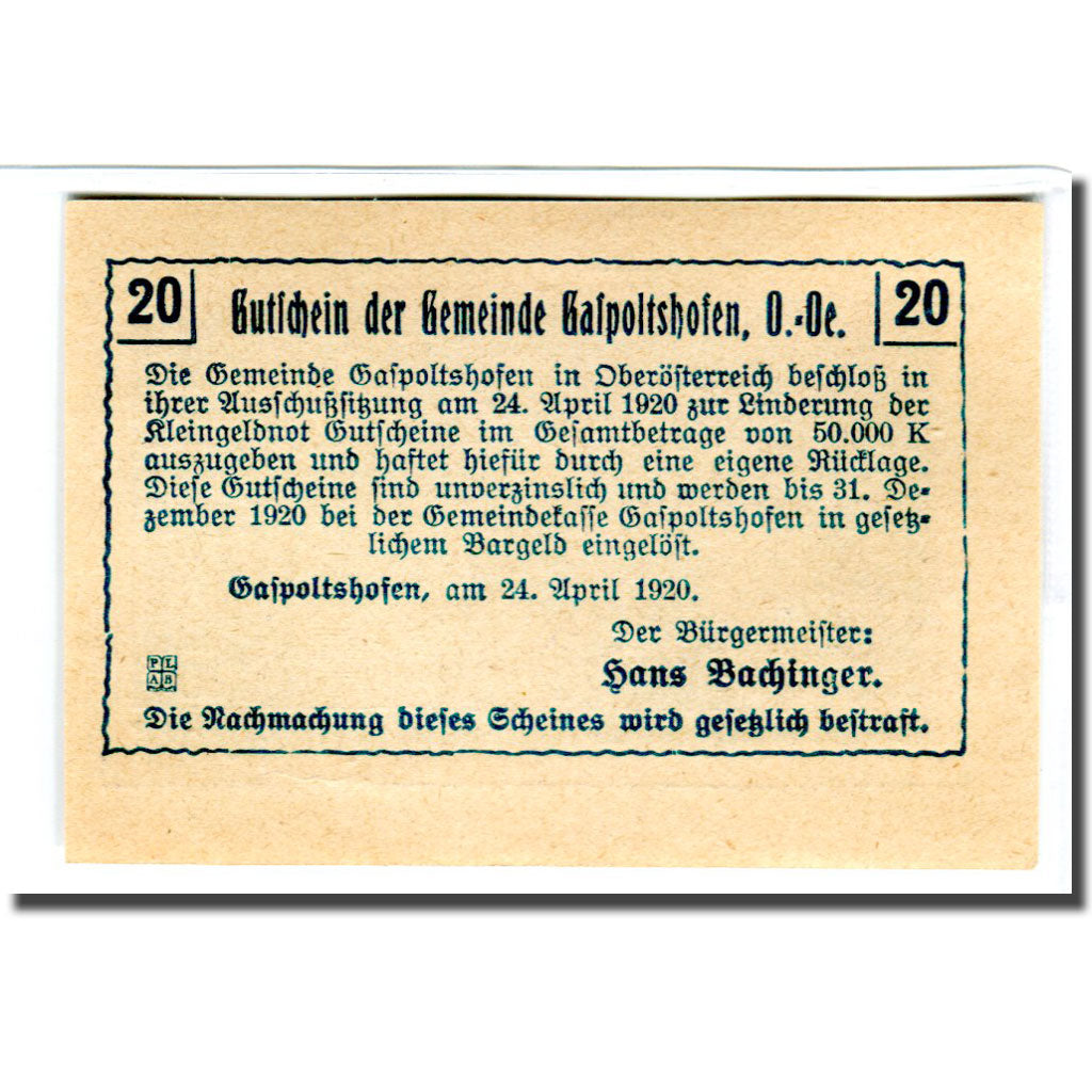 Billet, Autriche, Gaspoltshofen, 20 Heller, paysage 3, 1920, 1920-04-24, SPL