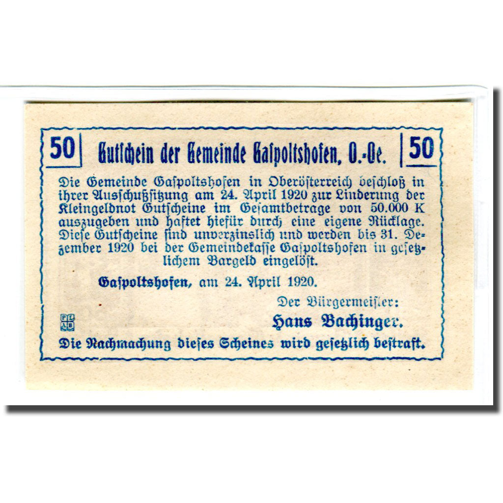 Billet, Autriche, Gaspoltshofen, 50 Heller, paysage 4, 1920, 1920-04-24, SPL