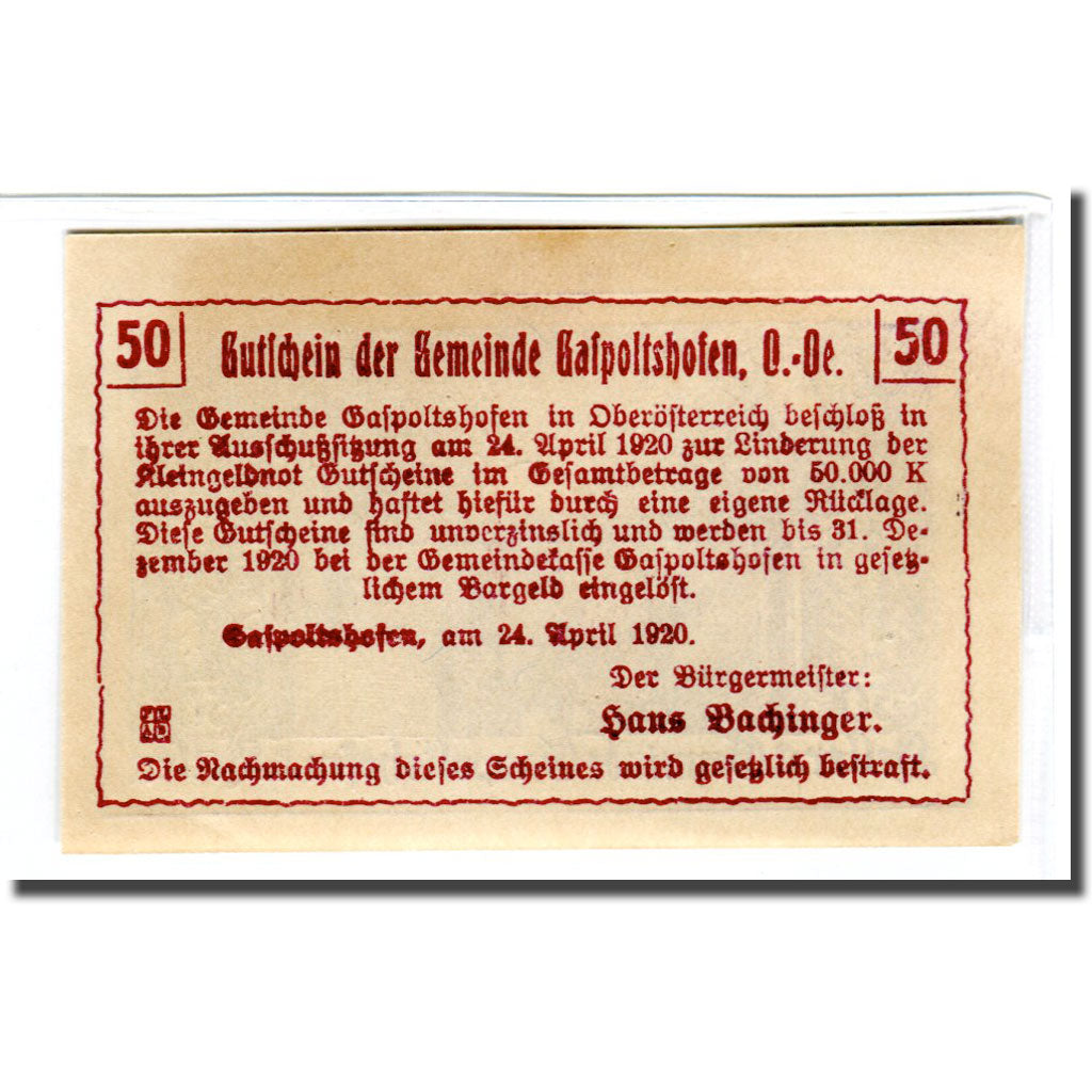 Billet, Autriche, Gaspoltshofen, 50 Heller, paysage 5, 1920, 1920-04-24, SPL