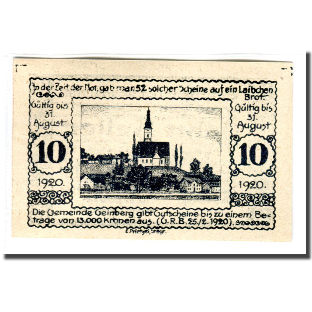 Billet, Autriche, Geinberg, 10 Heller, paysage, 1920, 1920-02-25, SPL, Mehl:228e