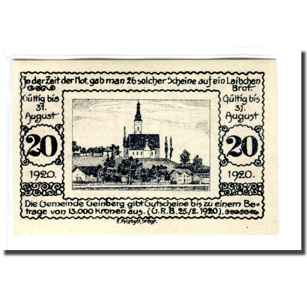 Billet, Autriche, Geinberg, 20 Heller, paysage 1, 1920, 1920-02-25, SPL