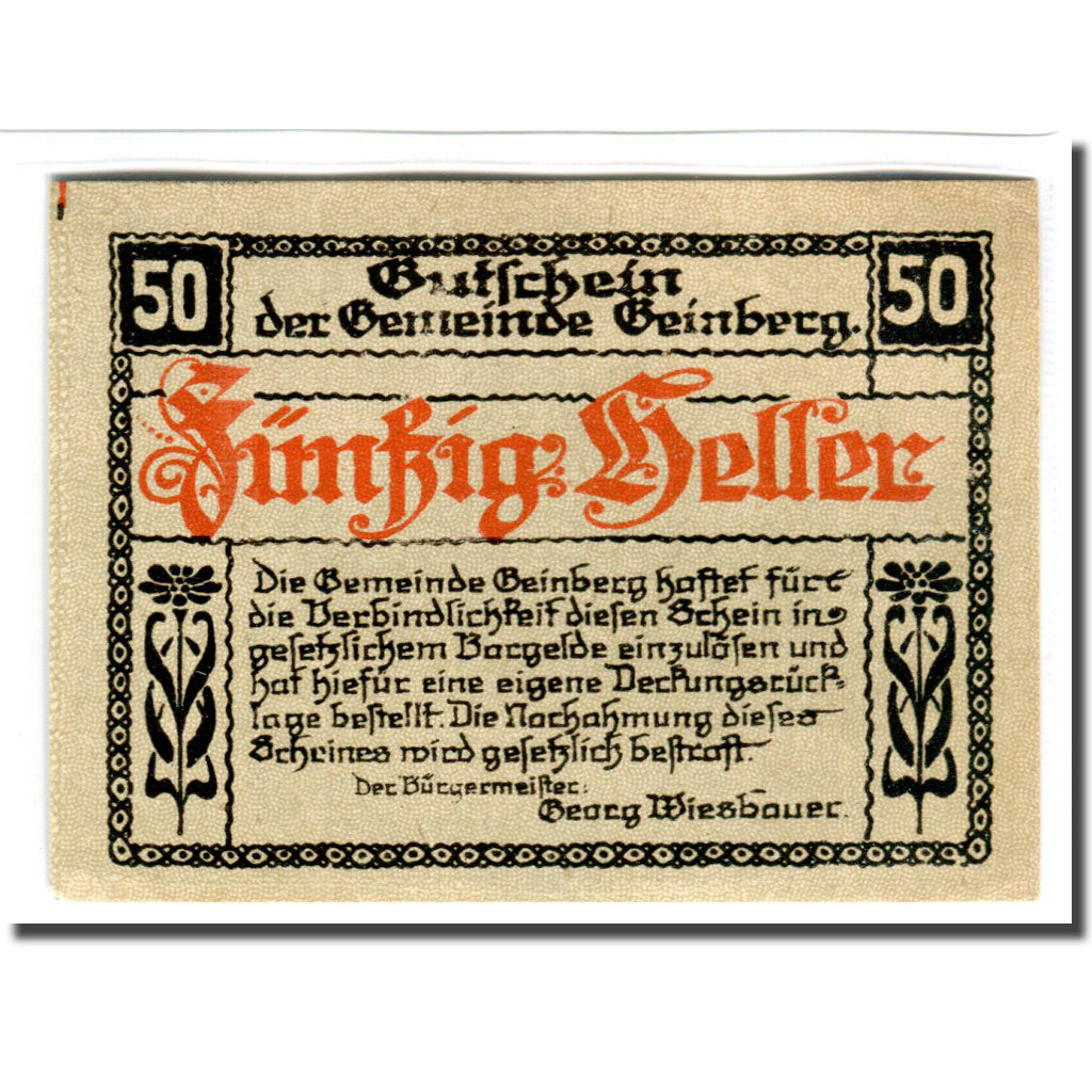 Billet, Autriche, Geinberg, 50 Heller, Batiment, 1920, 1920-02-25, SPL