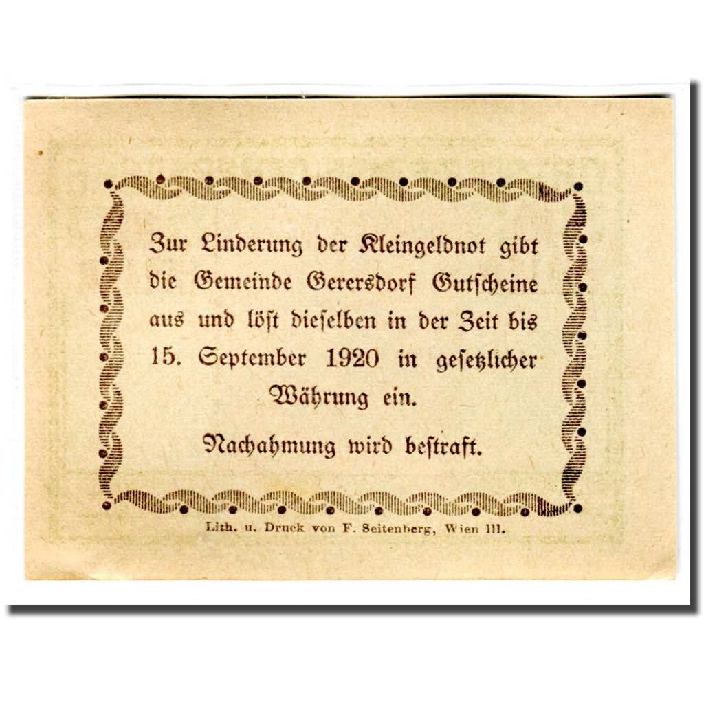 Billet, Autriche, Gerersdorf, 10 Heller, Texte, 1920, SPL, Mehl:230a