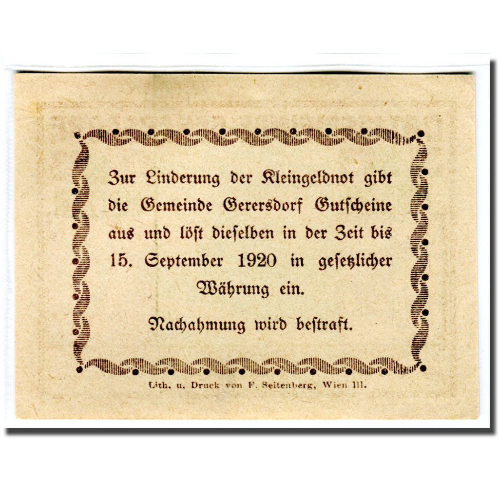 Billet, Autriche, Gerersdorf, 10 Heller, texte 1, 1920, SPL, Mehl:230a