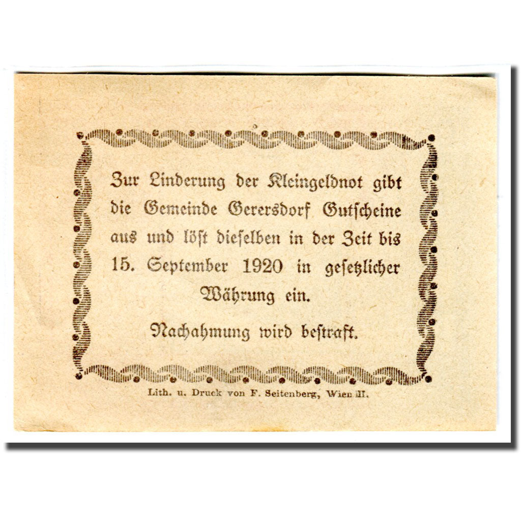 Billet, Autriche, Gerersdorf, 20 Heller, Texte 2, 1920, SPL, Mehl:230a