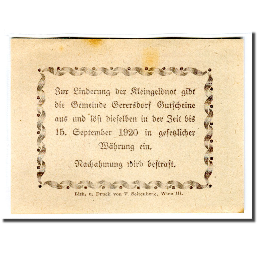 Banknote, Austria, Gerersdorf, 20 Heller, Texte 3, 1920, UNC(63), Mehl:230a
