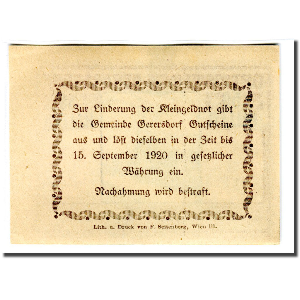 Billet, Autriche, Gerersdorf, 50 Heller, Texte 4, 1920, SPL, Mehl:230a