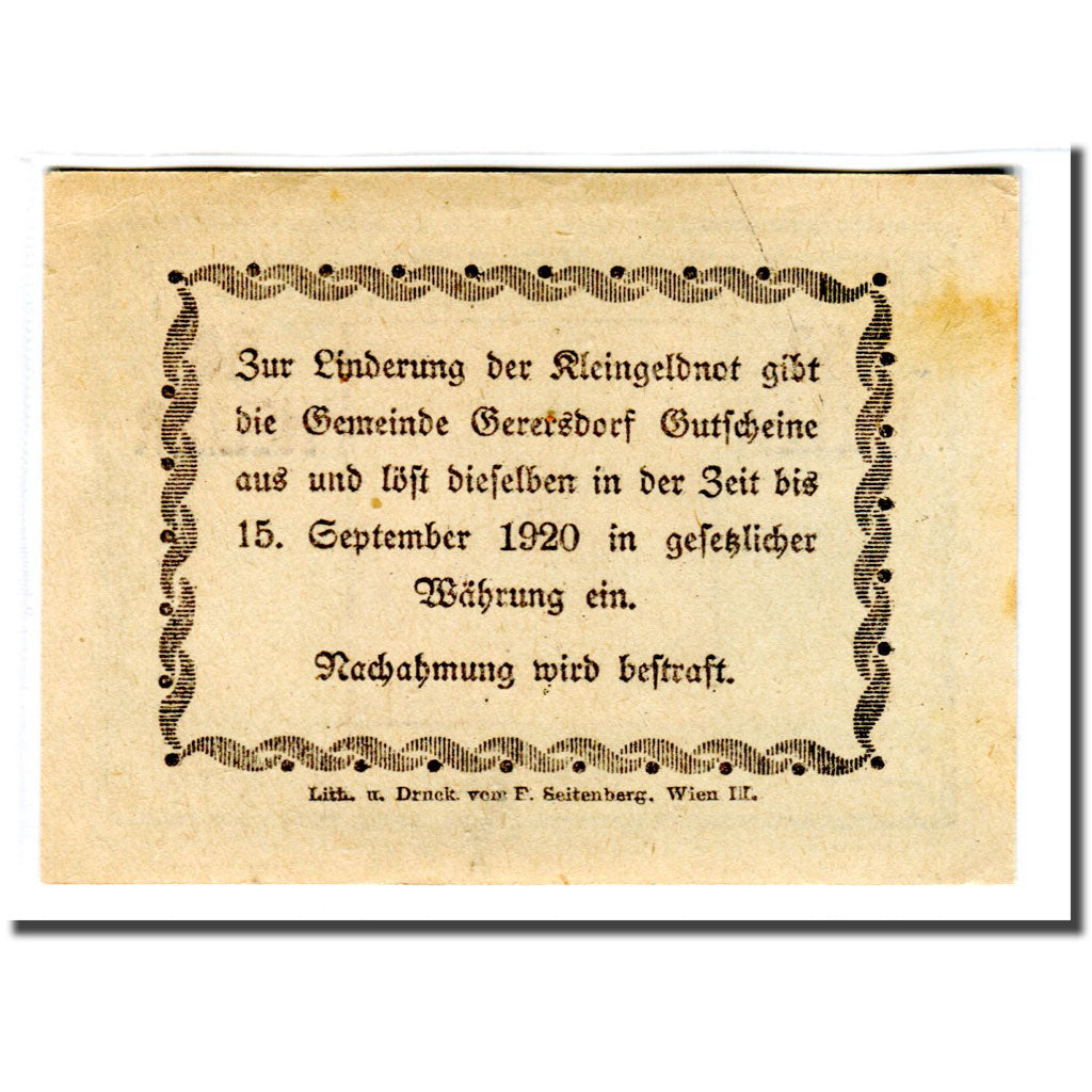 Biljet, Oostenrijk, Gerersdorf, 50 Heller, Texte  5, 1920, SPL, Mehl:230a