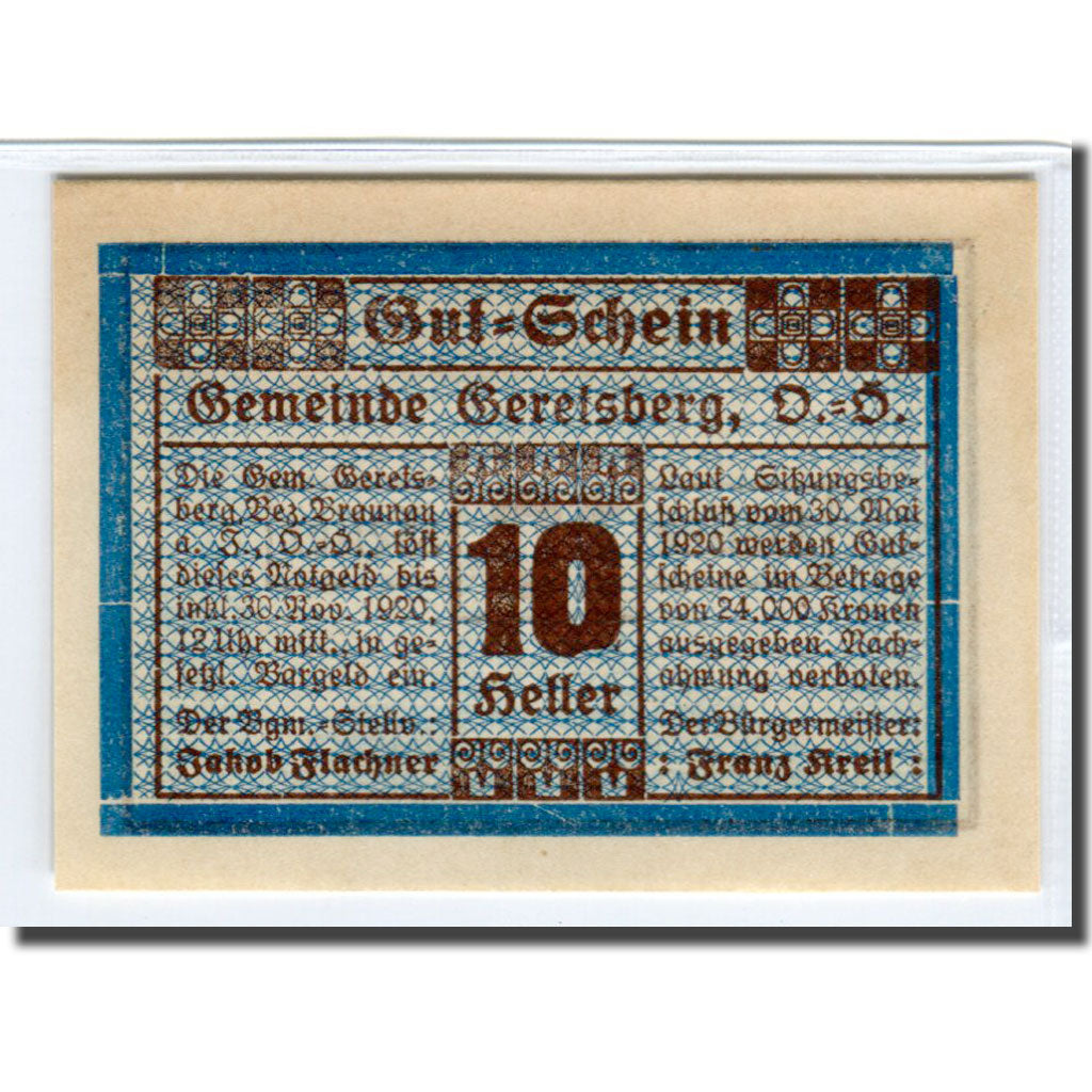 Billet, Autriche, Geretsberg O.Ö. Gemeinde, 10 Heller, valeur faciale, 1920
