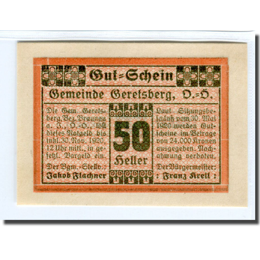 Billet, Autriche, Geretsberg O.Ö. Gemeinde, 50 Heller, valeur faciale 2, 1920