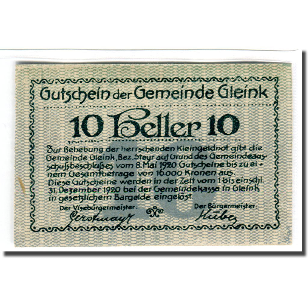 Billet, Autriche, Gleink O.Ö. Gemeinde, 10 Heller, paysage, 1920, 1920-05-08