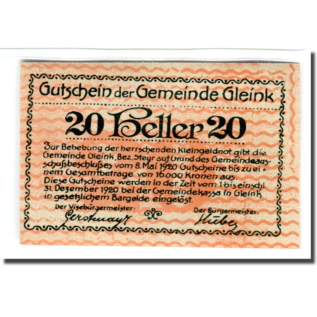 Geldschein, Österreich, Gleink O.Ö. Gemeinde, 20 Heller, paysage 1, 1920