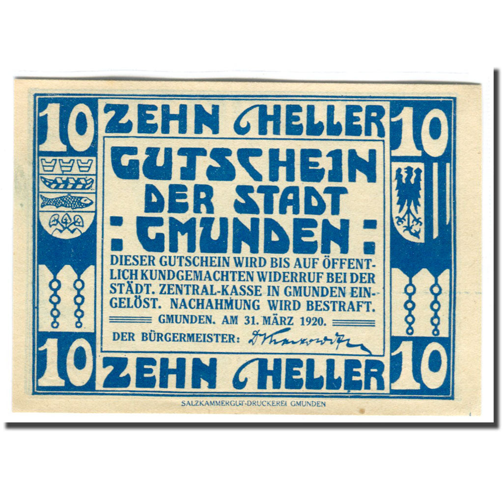 Biljet, Oostenrijk, Gmunden, 10 Heller, bateau, 1920, 1920-03-31, SPL