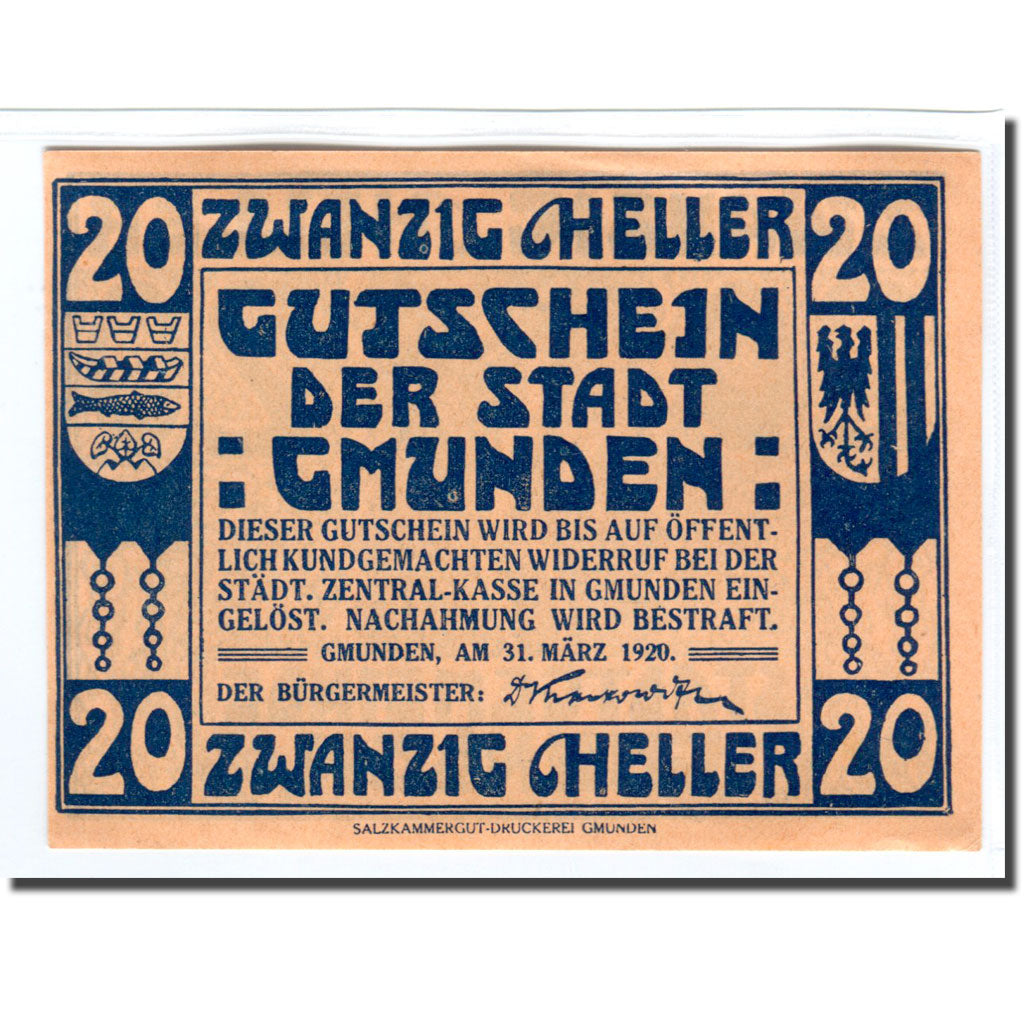 Banknote, Austria, Gmunden, 20 Heller, personnage, 1920, 1920-03-31, UNC(63)